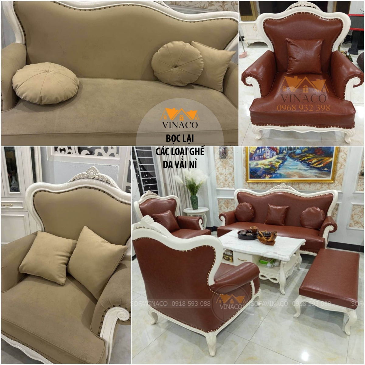 Bọc lại da bộ ghế sofa tân cổ điển siêu đẹp tại nhà khách hàng