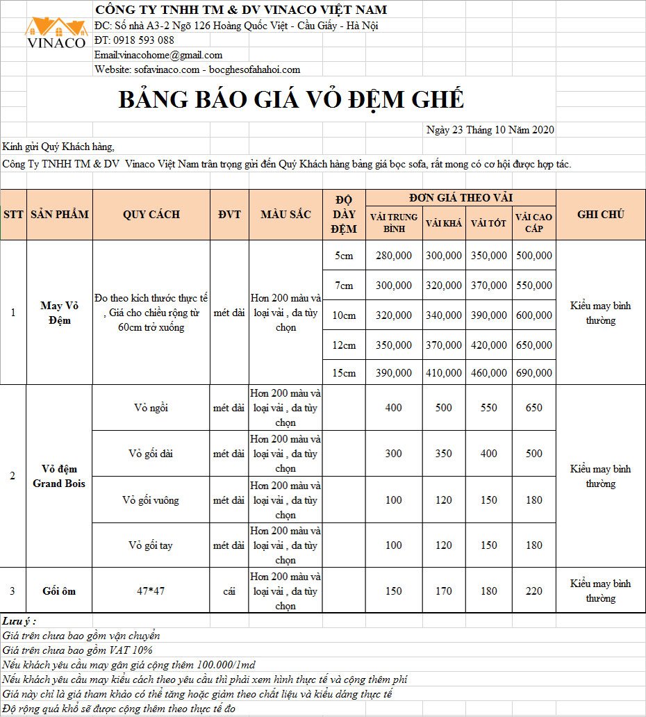 Bảng giá may vỏ đệm