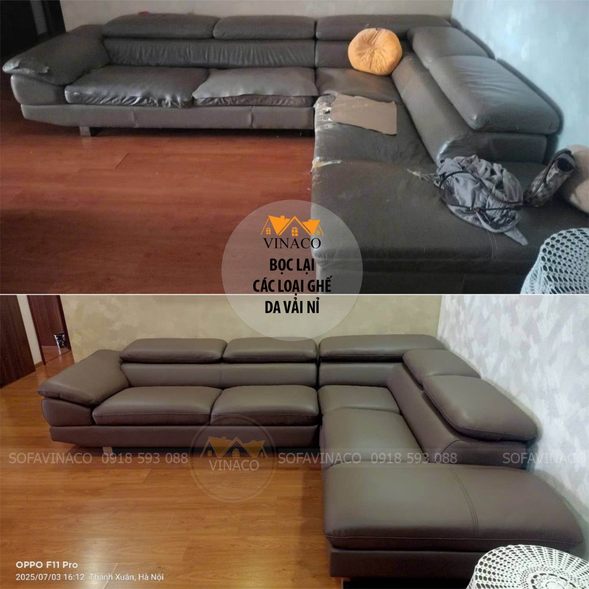 Bộ ghế sofa rách do sử dụng lâu ngày của khách hàng được bọc lại tại nhà Cầu Giấy