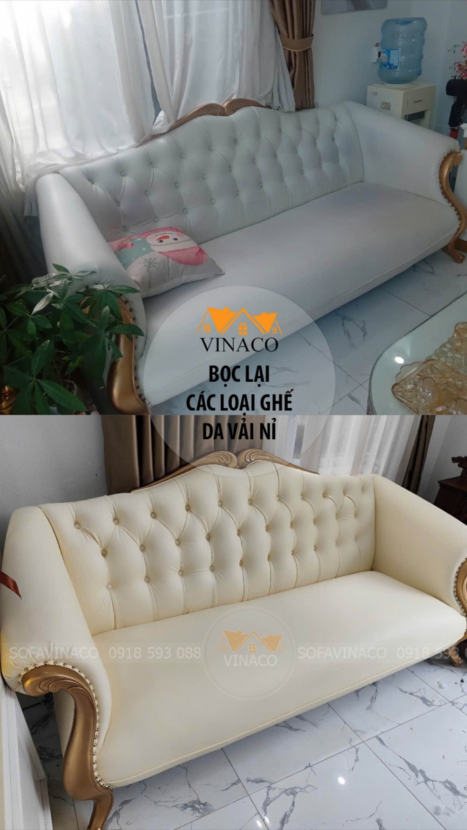Bộ ghế sofa tân cổ điển sau khi hoàn thiện với chất liệu da microfiber cao cấp