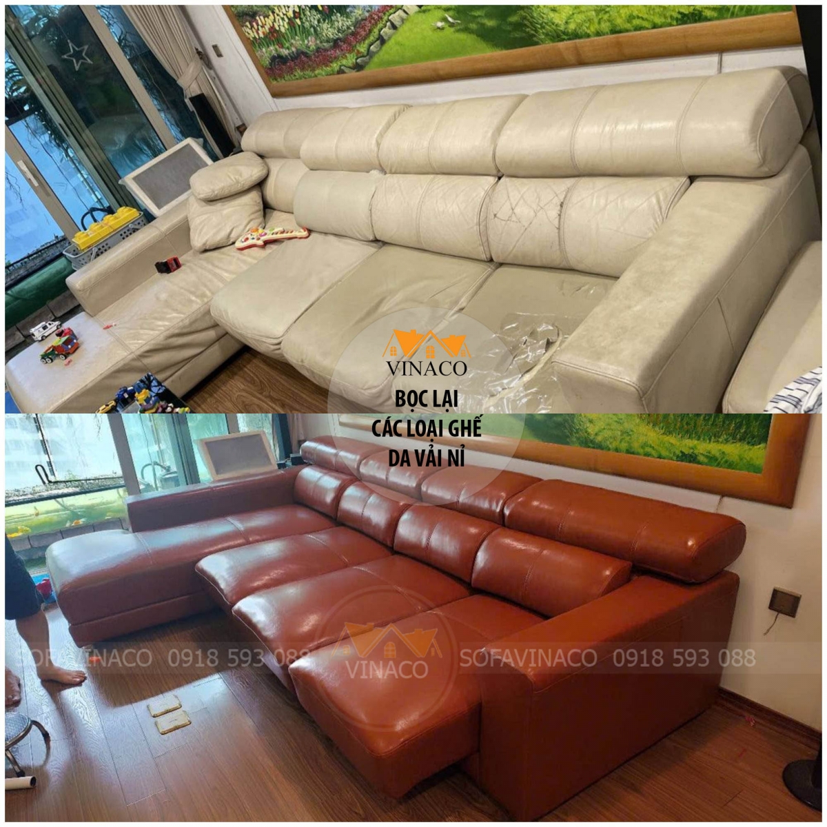 Ghế sofa chữ L rách tả toi và Vinaco bọc lại như mới