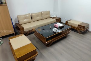 Đệm ghế gỗ bọc da cho khách tại Cầu Giấy