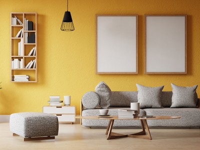 Phòng khách ấm áp với sự kết hợp sofa màu vàng