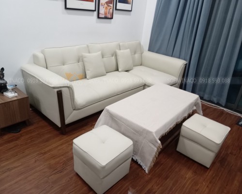 Bọc ghế sofa vải sang da màu kem tại Định Công