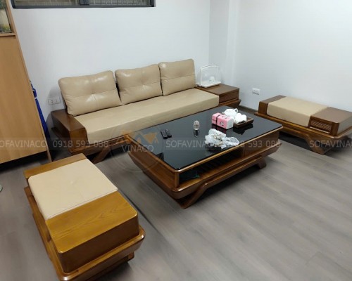 Đệm ghế gỗ bọc da cho khách tại Cầu Giấy